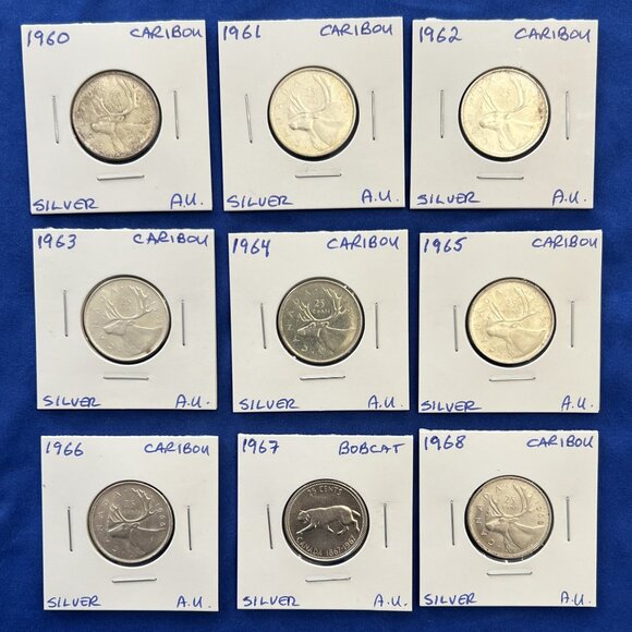 Almost Uncirculated Mint Set of 9 Silver 1960 to 1968 25¢ Canada Quarters! - Picture 1 of 16